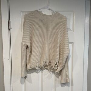Daytrip Women’s Cream Ribbed Distressed Crew Neck Sweater Size Small